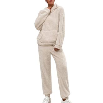 Generic Fleece Pjs Women, Womens Hooded Fleece Pyjamas Warm Fluffy Lounge & Night Set Soft Teddy Sherpa Pajamas 2 Piece Loungewear Sets Long Sleeve Hoodies Cu