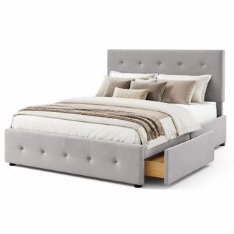 STILVORA Cama Con Cajones 140 X 200 Cm Tapizada, Cama Doble Con 4 Cajones, Sin Colch&oacute;n, Gris