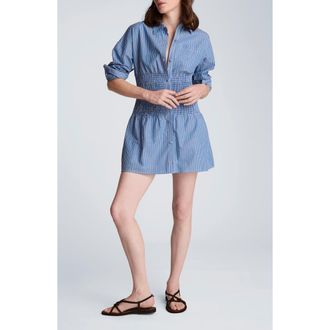 Kenneth Cole Stripe Smocked Detail Mini Shirtdress in Lake Blue Multi at Nordstrom, Size 12