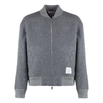 Thom Browne Bomber Jackets, male, Gray, M, Wool Bomber Jacket with Ribbed Edges