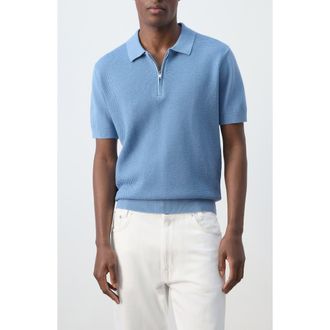 Mango Solid Cotton Waffle Zip Polo Sweater in China Blue at Nordstrom, Size Medium