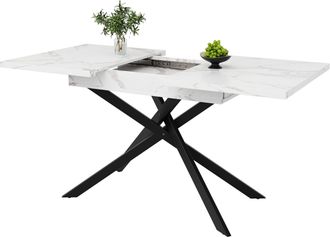STILVORA Mesa De Comedor Extensible 120-160 X 80 Cm, 6-8 Plazas, Tablero Blanco Veteado Y Patas Negras