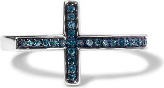 House of Brilliance Sterling Silver 1/6 Cttw Blue Diamond Cross Stackable Ring