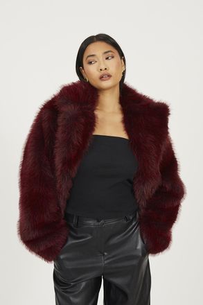 Brave Soul Womens Burgundy Revere Collar Short Faux Fur Jacket - Size 16 UK