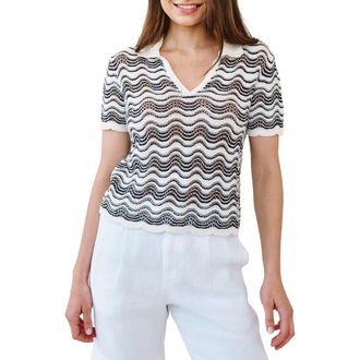 Bella Dahl Short Sleeve Cotton & Silk Blend Pointelle Polo Sweater in Moonlit Waves at Nordstrom, Size X-Small
