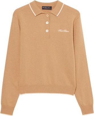 Brooks Brothers Lamswollen Polo Trui - Dames - Ronde hals truien - Beige - L - Wol - Truien & Vesten