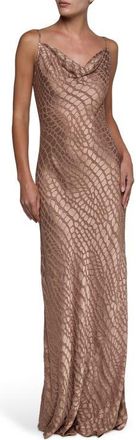 L'agence Christine Cowl Neck Burnout Satin Gown in Hazelnut Cobra Geo Burnout at Nordstrom, Size 10