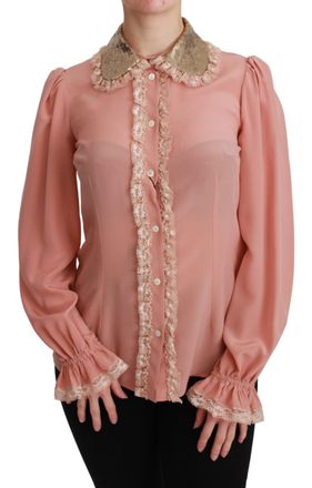 Dolce & Gabbana Womens Pink Silk Gold Sequin Lace Blouse Shirt - Multicolour - Size X-Large