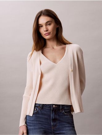 Calvin Klein Womens Cotton Rib Cardigan and Tank Set - Pink - XL