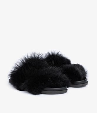 Pedro Garcia Double band flat sandal in black churra fur sandal | Duska | Fall winter 26