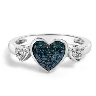 House of Brilliance Sterling Silver 1/5 Cttw Blue and White Diamond Triple Heart Ring
