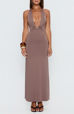 Princess Polly Naysana Plunge Halter Maxi Dress in Mocha at Nordstrom, Size 6