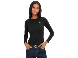 Lacoste Slim Fit Ribbed Cotton T-Shirt Womens Clothing Black : 2 (EUR 34)