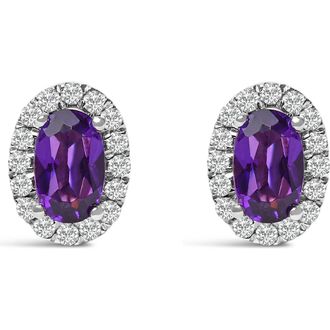 House of Brilliance 10K White Gold 5x3 MM Oval Cut Birthstone and Diamond Halo Stud Earrings in Purple Amethyst at Nordstrom