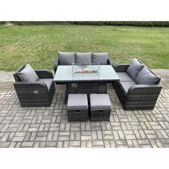 Fimous Wicker Rattan Garden Furniture Set with Fire Pit Table 8 Seater Outdoor Lounge Sofa Set Dark Grey Mixed - Fimous