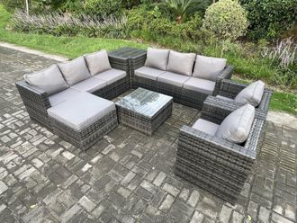 Fimous Outdoor Rattan Garden Furniture Set 9 Seater Patio Lounge Sofa Set with 2 Armchairs Side Table Square Coffee Table Big Footstool Dark
