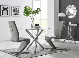 Furniturebox Selina Round Glass & Chrome Metal Dining Table & Luxury Willow Chairs Set in Grey | Size: 2 Person