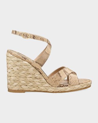 Stuart Weitzman 100mm Alyssa Snake-Printed Leather Espadrille Wedge Sandals