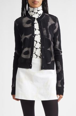 Marimekko Innoittaa Unikko Jacquard Rib Wool Blend Cardigan in Black Light Pink at Nordstrom, Size X-Small