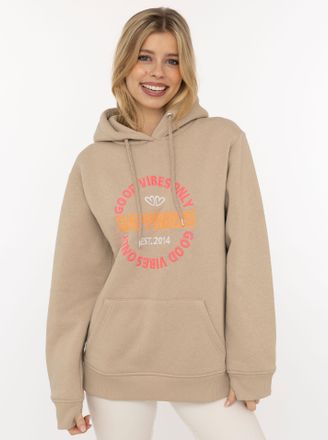 Zwillingsherz Hoodie ZWILLINGSHERZ Good Vibes, Damen, Gr. L/XL, greige, Sweatware, Obermaterial: 50% Baumwolle, 50% Polyester, normal h&uuml;ftbedeckend, V-Ausschnitt, S