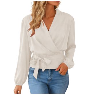 Generic Womens Satin Blouse Long Sleeve Collar V Neck Wrap Top with Adjustable Tie Waist Peplum Tunic Shirts Elegant Solid Color for Women Daily Wear Khaki