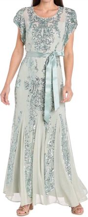 R & M Richards Sequin Godet Gown With Satin Bow In Sage