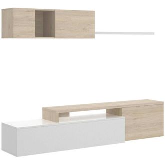 Dmora Parete attrezzata Axayazala, Set da soggiorno modulare ad angolo, Mobile salotto porta tv multiposizione, 201x41h180 cm, Bianco lucido e Rovere