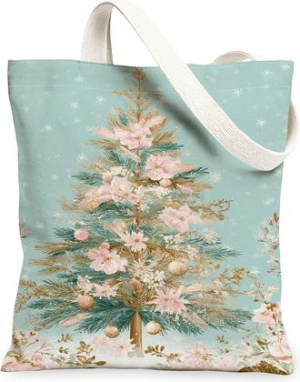 Generic Christmas Tree Floral Canvas Tote Bags, Vintage Floral Design Reusable Grocery Bags, Lightweight Washable Shoulder Strap Ca, Blue, 13x15 Inch