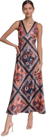 Halston Heritage Sleeveless Scarf Print Satin V-neck Maxi Dress in Navy Scarf Print at Nordstrom, Size 16