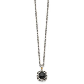 Diamond2Deal Sterling Silver with 14K Accent Checkerboard-cut Black Onyx Pendant Necklace