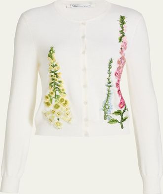 Oscar De La Renta Floral Embroidered Wool Crewneck Cardigan