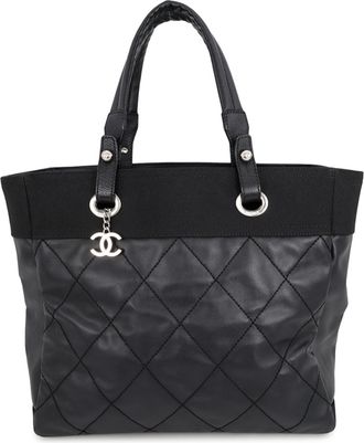 Chanel Black Leather Canvas Tote Bag (Pre-Owned)