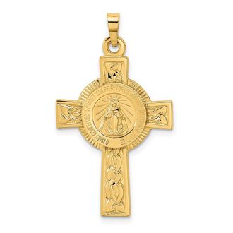 Diamond2Deal 14k Yellow Gold Polished Cross with Miraculous Medal Center Pendant