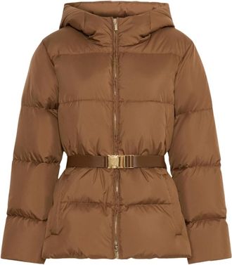 Max Mara Korte Donsjas met Capuchon en Riem - Dames - Winterjassen - Bruin - S - Leer - Jassen