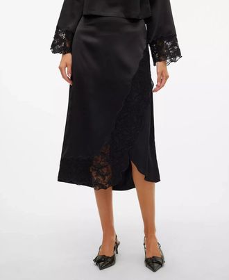 Vero Moda Merle Slip Skirt Womens Black Wrap Front Lace Trim A-Line PALL251