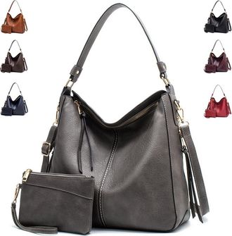 Generic Vintage PU Vegan Leather Handbags and Purse Sets for Women Fashion Tote Hobo Bags Shoulder Satchel Handbag Zip Wallet, B-grey