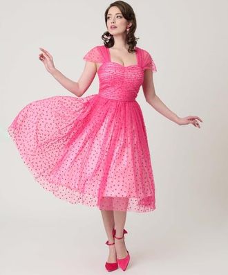 Unique Vintage Garden State Swing Dress in Pink W/tiny Hearts at Nordstrom, Size X-Large
