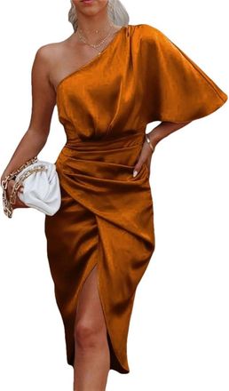 Generic Women Sexy Asymmetrical One Shoulder Batwing Sleeve Slim-Fit Midi Dress Brown for M