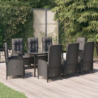 vidaXL Set De Comedor De Jard&iacute;n 9 Pzas Y Cojines Rat&aacute;n Sint&eacute;tico Negro Vidaxl