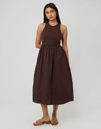 Brave Soul Vestito midi in misto popeline e jersey a coste color cioccolato-Marrone