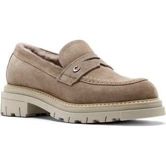 La Canadienne Donny City Dry Waterproof Genuine Shearling Penny Loafer in Caribou Suede at Nordstrom Rack, Size 5.5