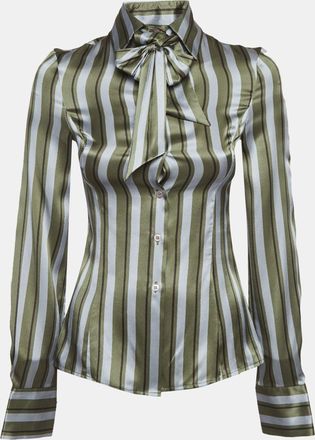 Emporio Armani Green/grey Striped Silk Detachable Bow Detail Shirt