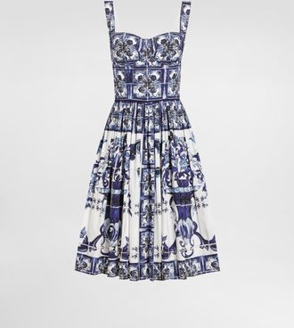 Dolce & Gabbana Midi Corset Dress In Cotton Poplin With Majolica Print - Woman Dresses Blue Cotton 48