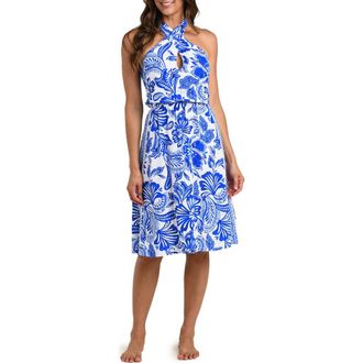 La Blanca Botanical Brocade Fit & Flare Halter Dress in Lapis at Nordstrom, Size X-Small