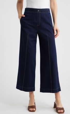 Hue Fine Lines Crop Wide Leg Pull-On Pants in Black Indigo at Nordstrom, Size X-Large