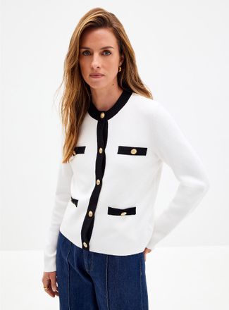 Contemporaine Womens Gold crest buttons patch pockets Cardigan Sweater