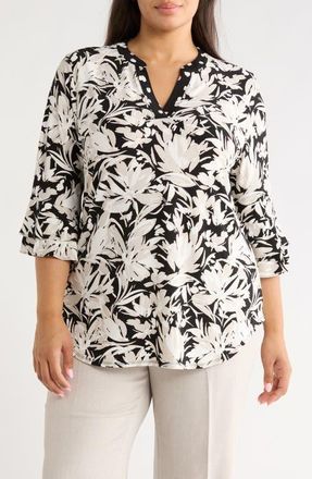 Kasper Floral Print Stretch Crepe Top in Summer Straw Multi at Nordstrom, Size 3X