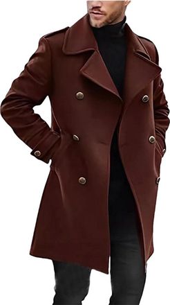 Generic Mens Woolen Winter Coat Double-Breasted Wool Thermal Long Jacket Burgundy L