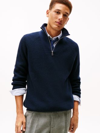 Tommy Hilfiger Troyer TOMMY HILFIGER FISHERMAN RIB ZIP MOCK, Herren, Gr. XL, schwarz night navy, Strick, Obermaterial: 45% Polyamid, 30% Baumwolle, 25% Wolle, relaxe