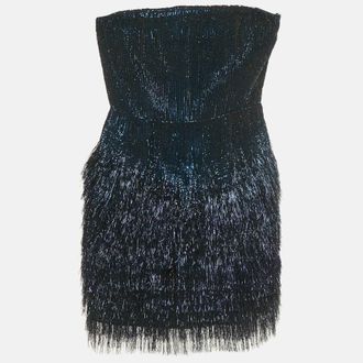 Roberto Cavalli Blue Sequin And Lurex Fringed Strapless Mini Dress